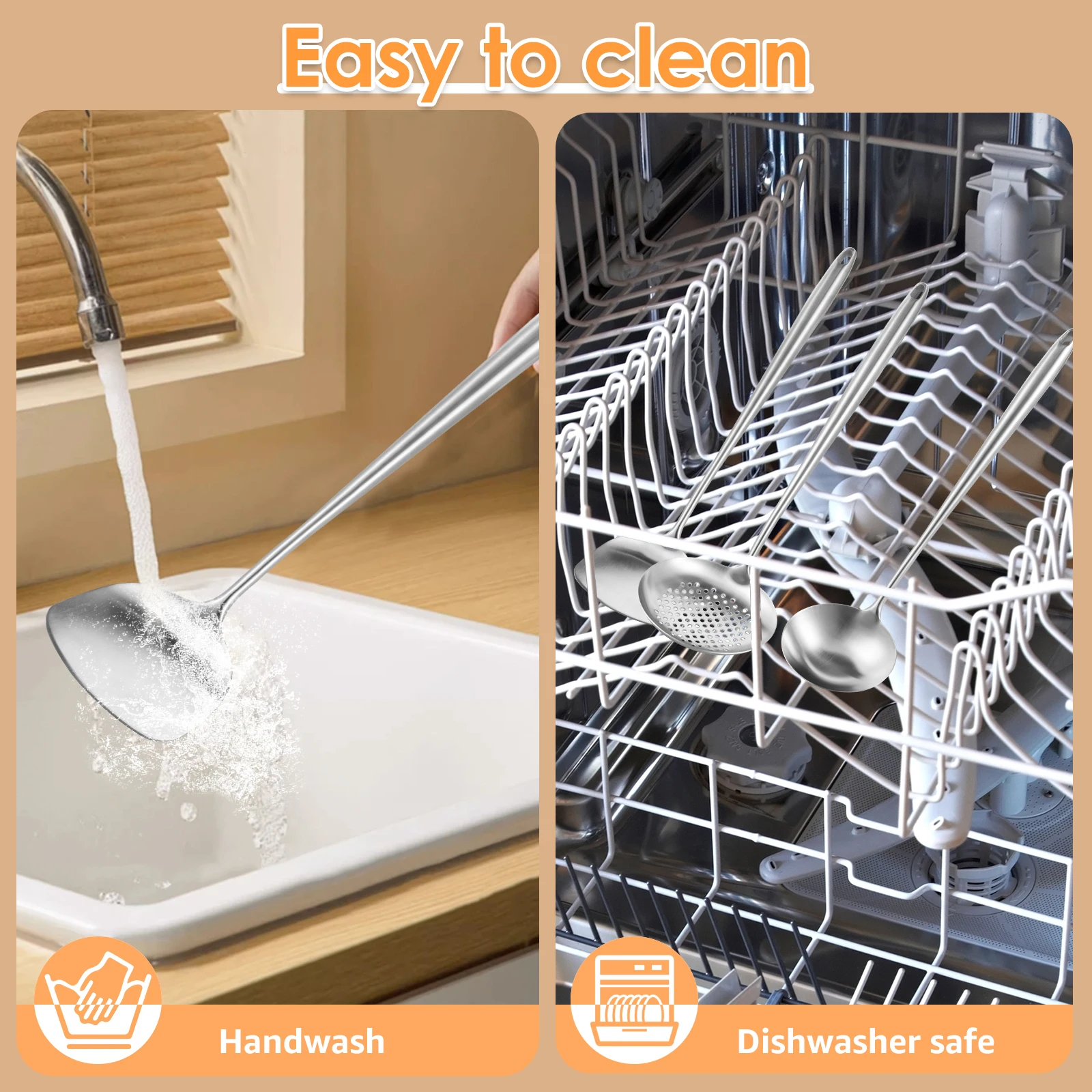 Stainless Steel Chinese Cooking Utensils Set Solid Wok Spatula and Ladle Skimmer Spoon Hanging Hole Design Kitchen Cooking Tools