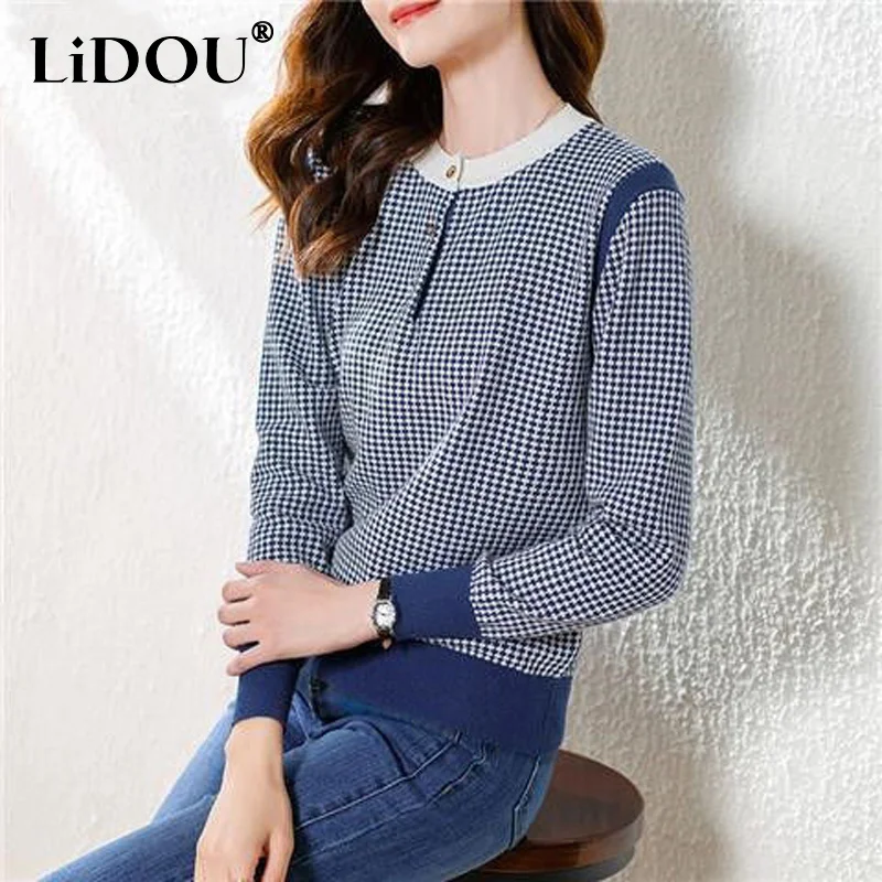 

2023 Spring Autumn New Round Neck Button Long Sleeve Knitting Pullovers Women Fashion Plaid Contrast Color Casual Elegant Tops