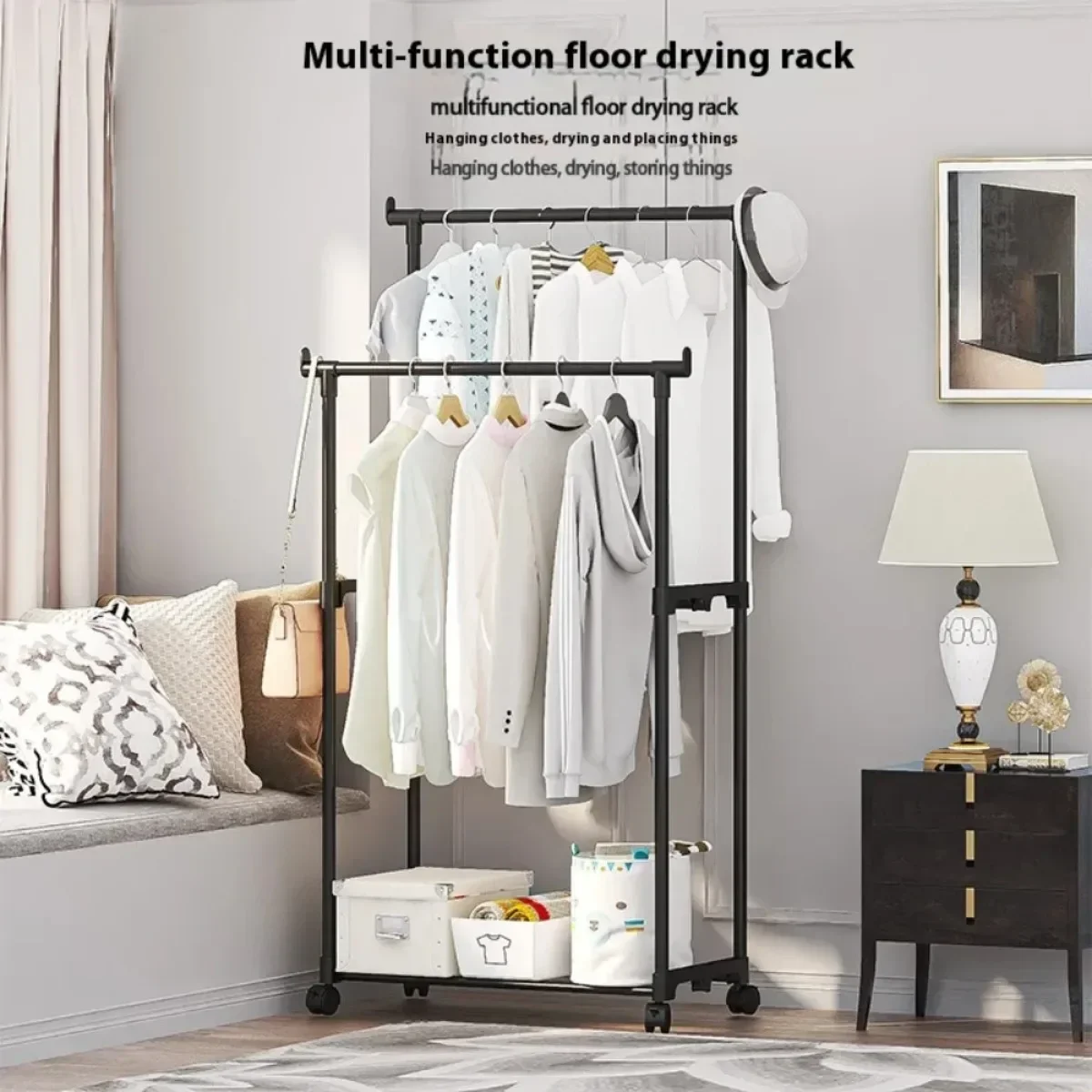 Coat Rack Movable Double Clothes Shelf Simple Rod Clothes Floor-Standing Bedroom Telescopic Floor Hangers Storage,clothes rack