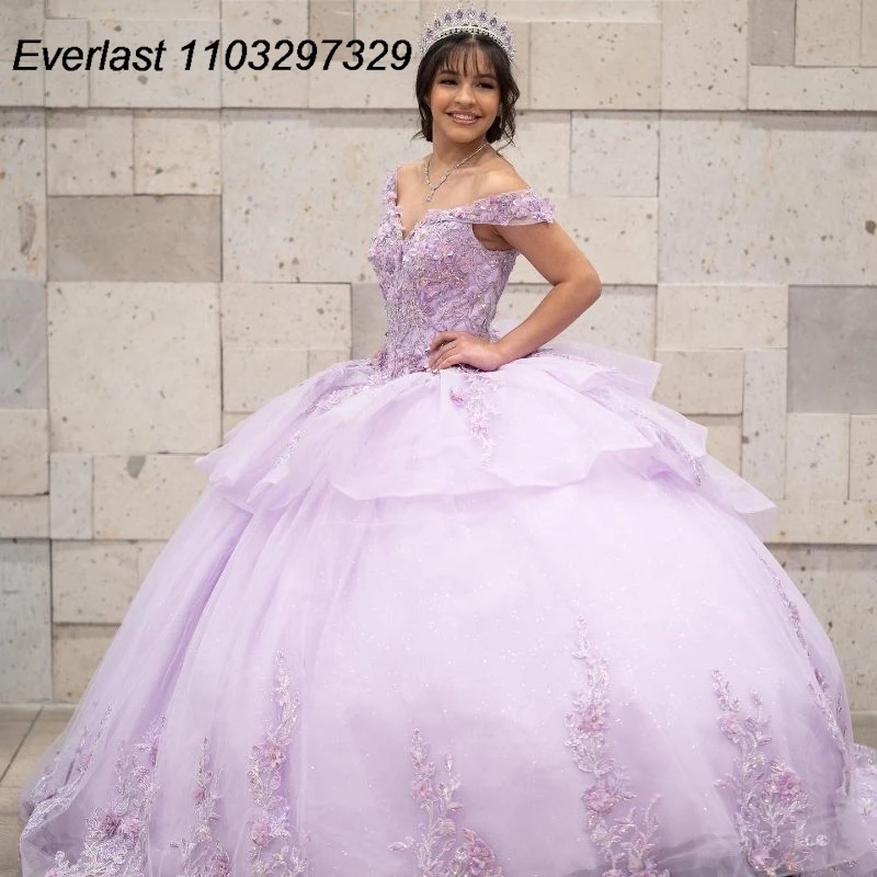 

EVLAST Lavender Quinceanera Dress Ball Gown Lace Applique Beading Tiered Ruffles Corset Sweet 16 Vestidos De XV 15 Anos TQD688