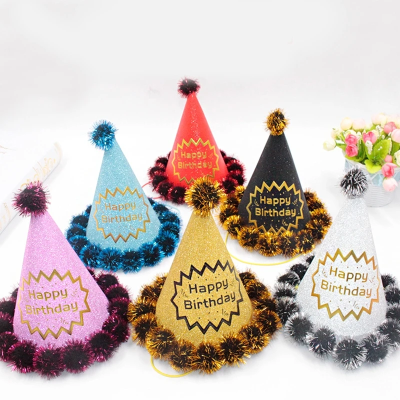 Adults Teenager Kids Birthday Party Hat with Pompoms Cartoon Cone Boys Girls Headgear for Festival Decoration Paper Bithday Caps