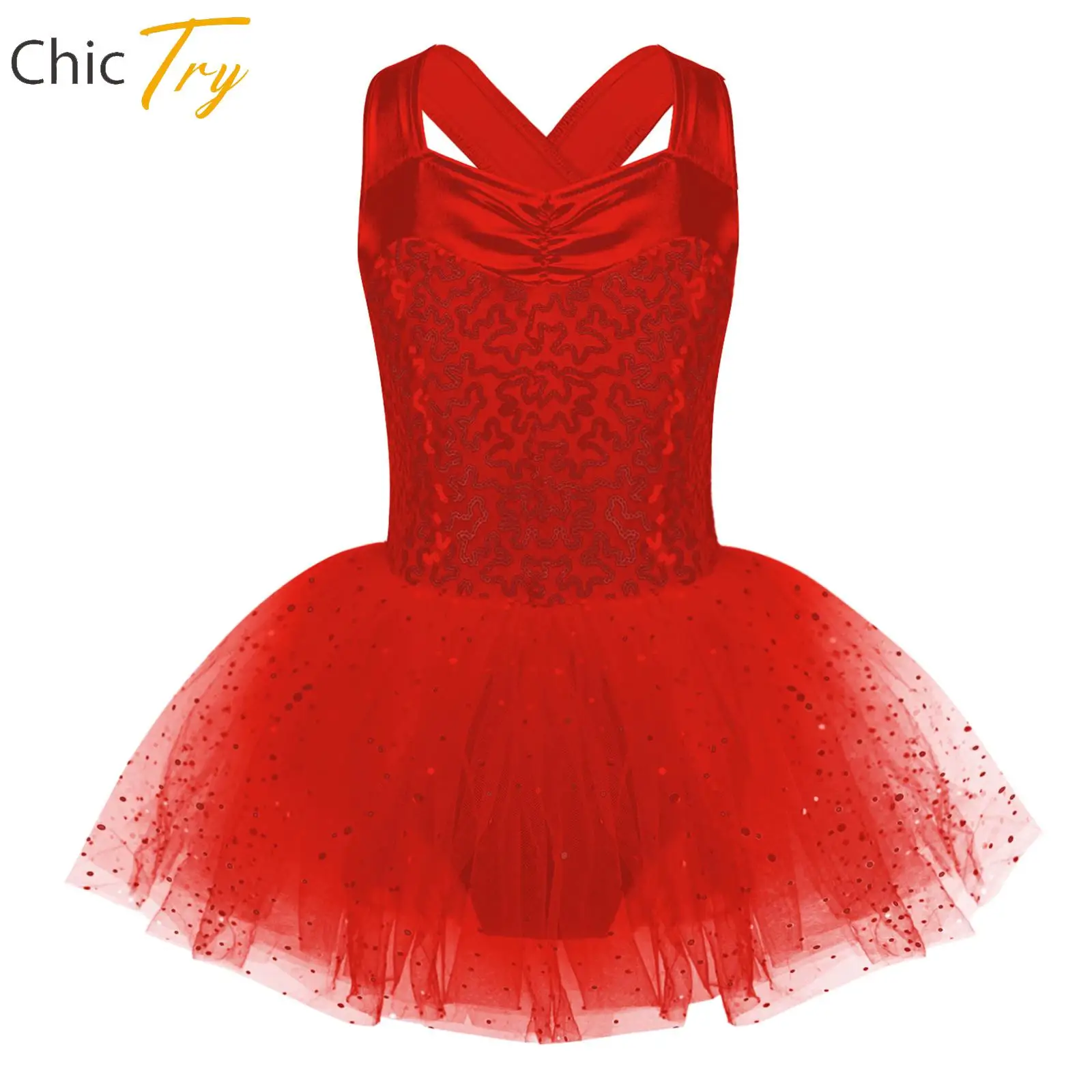 

Kids Girls Shiny Sequins Ballet Tutu Dress Criss Cross Back Lyrical Dance Dresses Figure Ice Skating Performance Dancewear