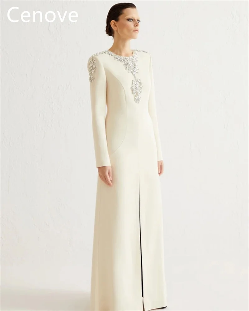 

Cenove Beige O Neckline Prom Dress Split Floor Length With Long Sleeves Evening Summer Party Dress For Women2023