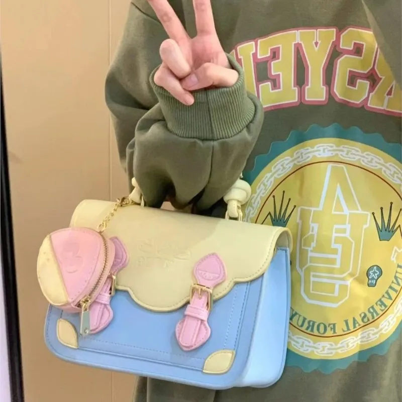 Sweet Cute Color Block Handbag Women JK Academy Style Square Leather Shoulder Bag Ladies Fashion Minimalist Kawaii Messenger Bag