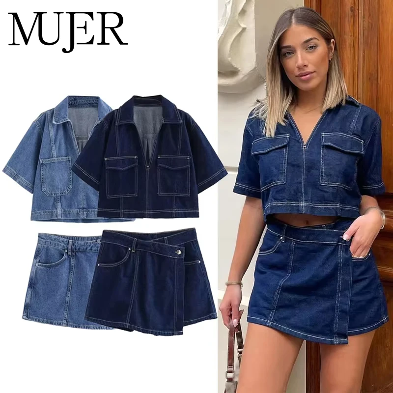 MUJER 2026 Damen-Hemdset Blaue Jeanshemden für Frauen Sommer Crop-Shirts und Blusen Damen Urlaubs-Freizeithemden Damen-Oberteil