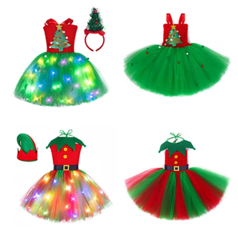 

Christmas ELF Tree Cosplay Costume Kids Cirls Tutu Dress Headband LED Glowing Dresses Outfits Halloween Carnival Party Suit