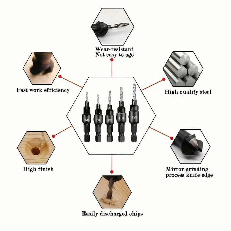 5PCS Woodworking Countersunk Head Drill And Chamfering One Piece Hexagonal Handle Countersunk Fried Dough Twist Drill drill bit set drill bits drill bit woodworking drill woodworking chamfering tool woodworking tools countersink drill bit woodworking countersink woodworking drill tool set woodworking drill bits woodworking drill accessories countersink drill drill cutter