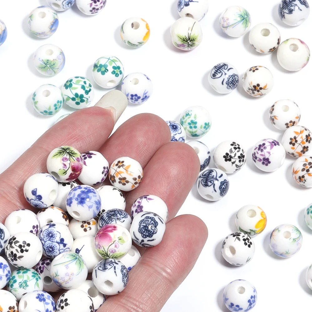 Handmade Blue and White Ceramic Flower Beads – 50Pcs Set
