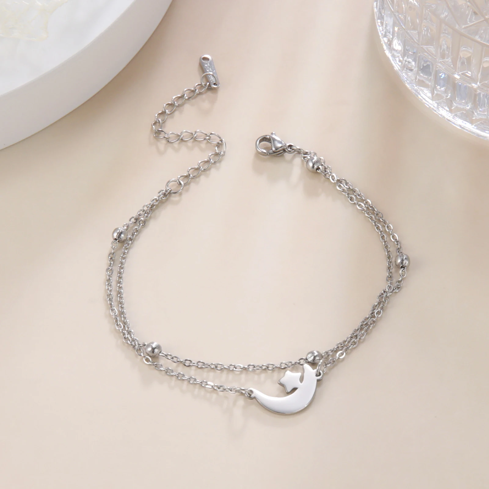 Kkjoy Armbänder Von Frauen Silber Farbe Edelstahl Doppel Mond Kette Stern Perlen Armreifen Minimalistischen Weiblichen Schmuck Zubehör – Detail 36