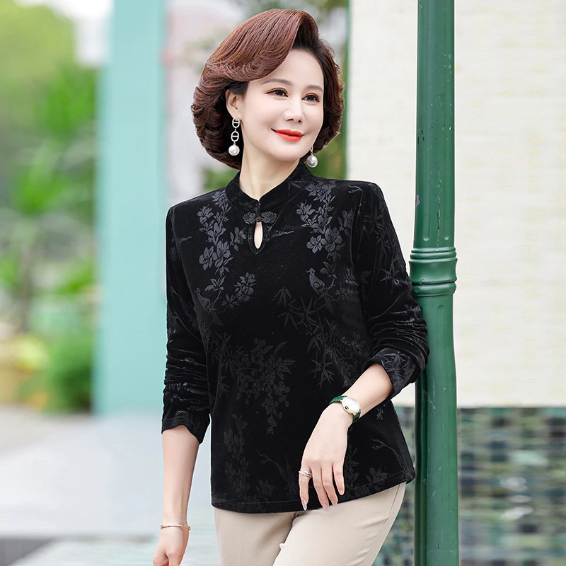 

Women's Pullover Tops Gold Velvet Shirt Spring and Autumn Office Lady Long Sleeve T-SHIRT Middle Age Mother Clothing