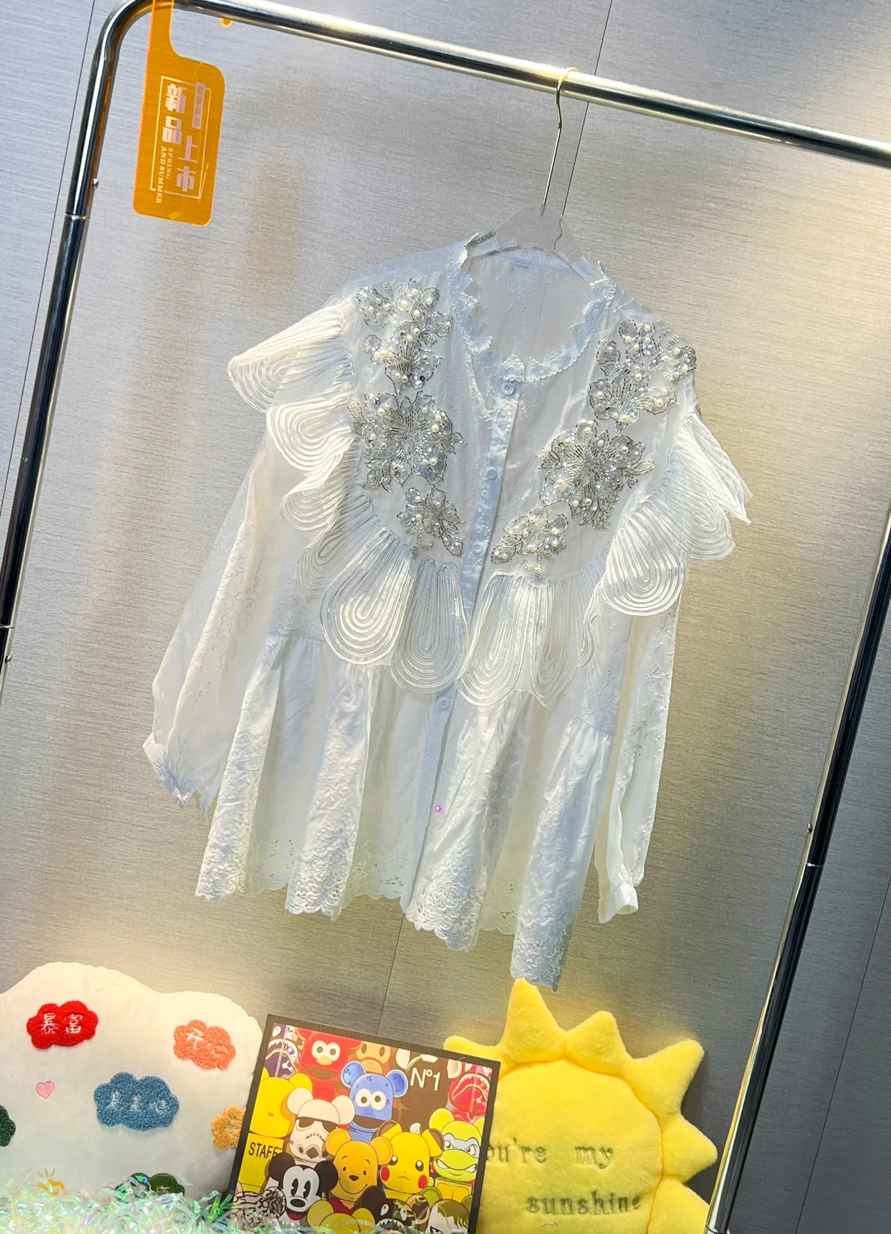 

New Design Sequins Beading Women Blouses 2023 Summer Loose Long Sleeve Cardigans Top All-match Mid-long Patchwork Lace Shirts