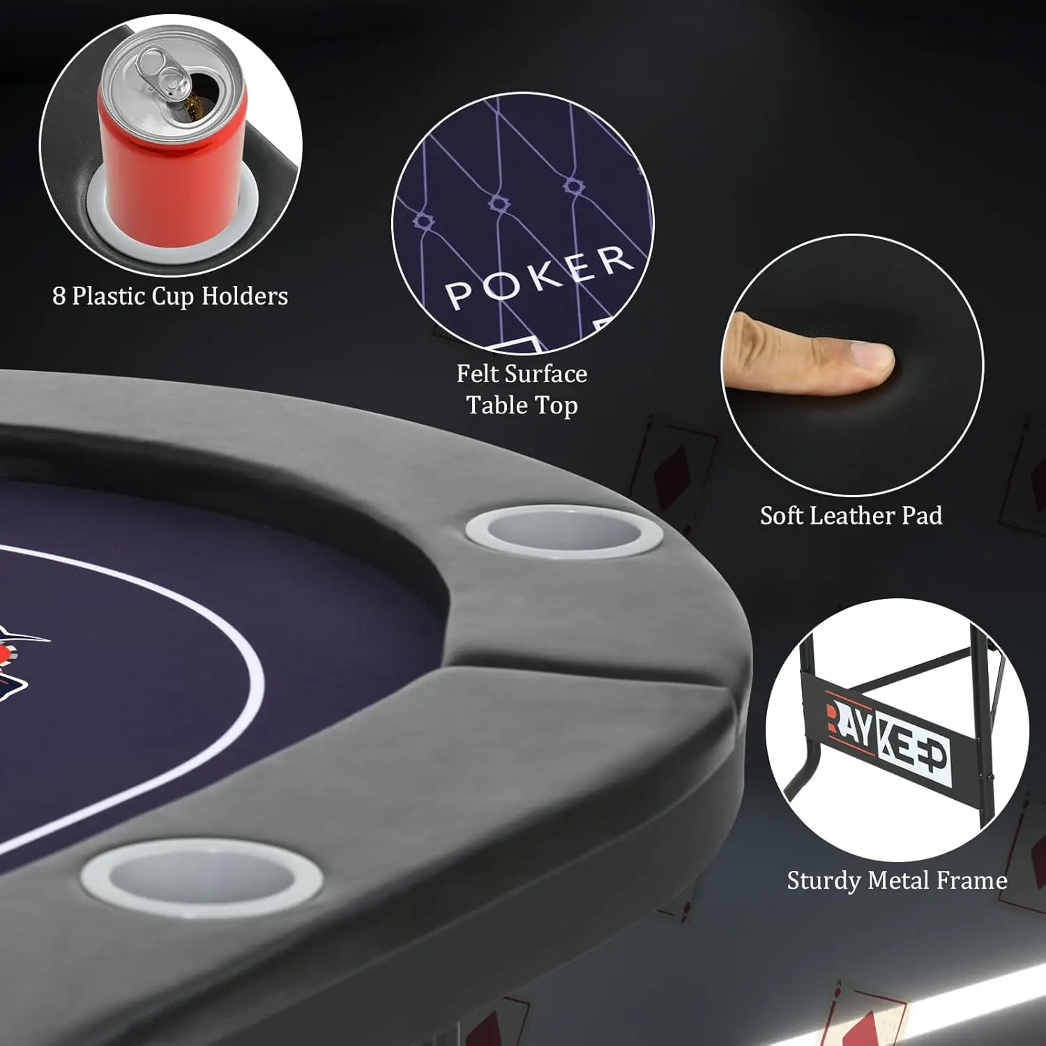 Table Foldable, 8 Player Folding Poker Tables w/Collapsible Legs, Casino Grade Felt, Padded Rails and Cup Holders, Portable Poke