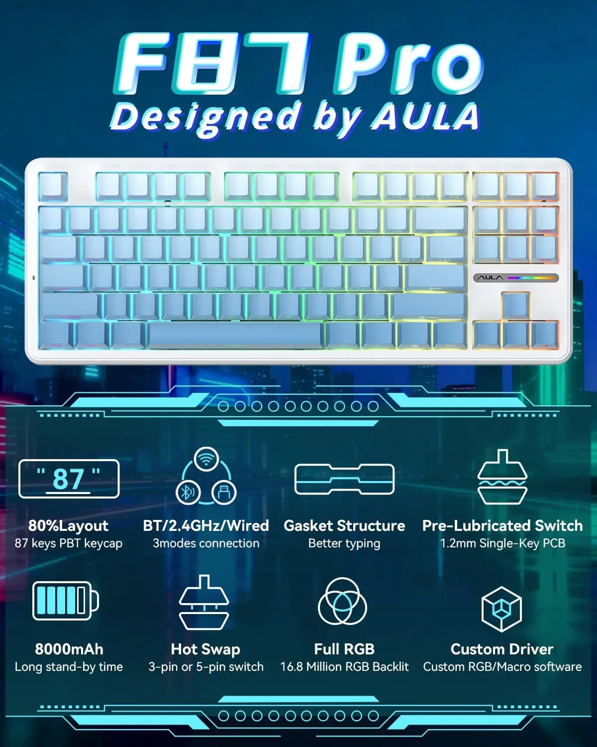 AULA F87 Pro 무선 기계식 키보드 75% TKL 가스켓 마운트 핫스왑 가능 커스텀 게이밍 키보드 (8000mAh 트리플 모드 PBT RGB)