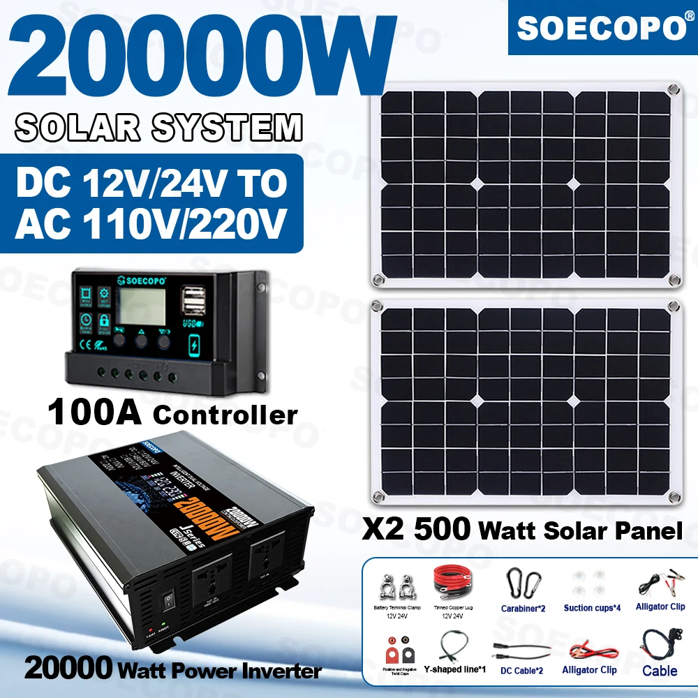ระบบโซลาร์เซลล์ SOECOPO 20000W สำหรับระเบียง ชุดอุปกรณ์ครบครัน - แผงโซลาร์เซลล์ 2*500W 12V 24V แปลงเป็น 220V/110V พร้อมอินเวอร์เตอร์ ปลั๊กไฟ และคอนโทรลเลอร์ 100A สำหรับการตั้งแคมป์ 1