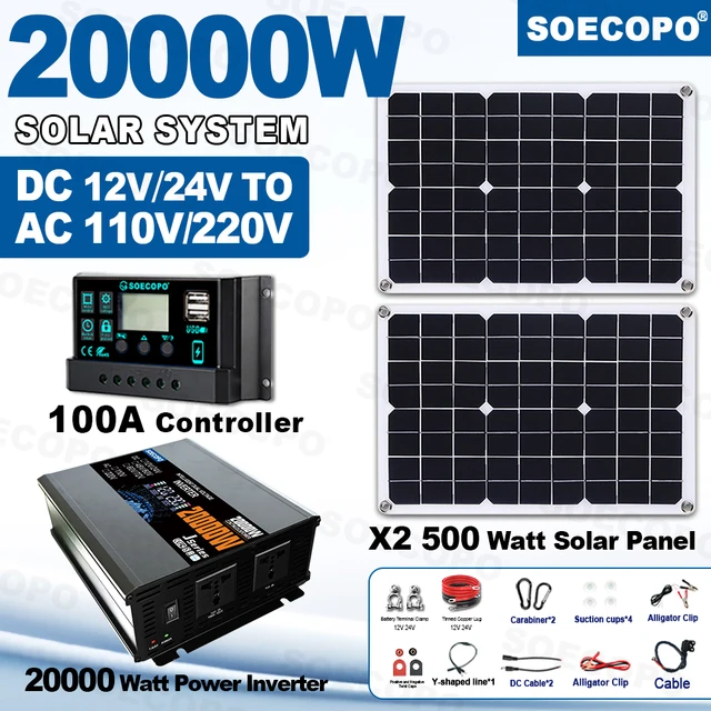 ระบบโซลาร์เซลล์ SOECOPO 20000W สำหรับระเบียง ชุดอุปกรณ์ครบครัน - แผงโซลาร์เซลล์ 2*500W 12V 24V แปลงเป็น 220V/110V พร้อมอินเวอร์เตอร์ ปลั๊กไฟ และคอนโทรลเลอร์ 100A สำหรับการตั้งแคมป์ 1