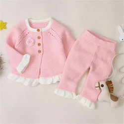 Ensemble 2 pièces pour nouveau né fille, vêtements doux, dentelle unie, longue Blouse florale + pantalon, tenue pour bébé, pull en tricot, collection printemps automne 