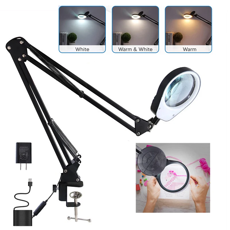 

Flexible Clamp-on Table Lamp with 8X Magnifier Glass Swing Arm Dimmable Illuminated Magnifier LEDs Desk Light 3 Color Modes Lamp