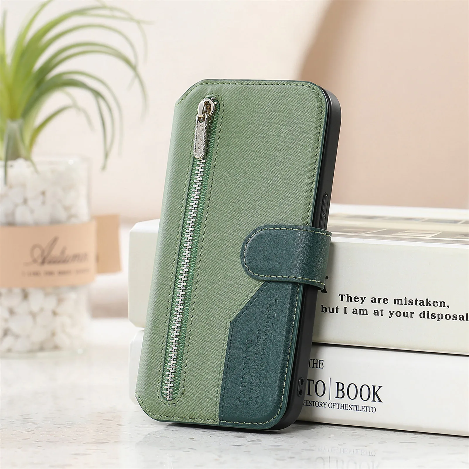 Detachable Magnetic Leather Wallet Case with Zipper and Card Slot, Shockproof Protective Cover