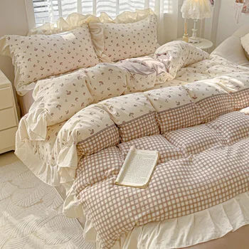 Ensemble de housse de couette en dentelle coréenne, 3 pièces (1 * housse de couette + 2 * taie d'oreiller, sans noyau), parure de lit imprimée à carreaux rose 1