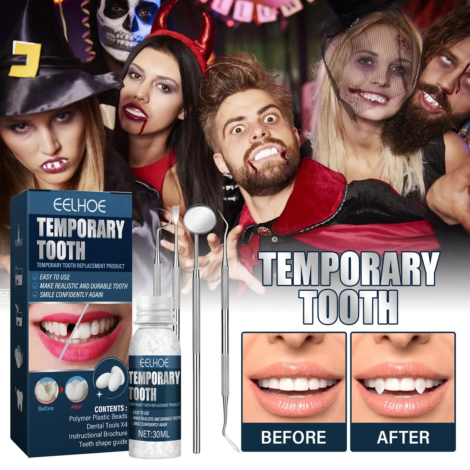 

Temporary Tooth Repair Kit Glue Denture Adhesive Set Repair Kit for Lost Fillings Moldable Tooth Filling False Teeth Tool