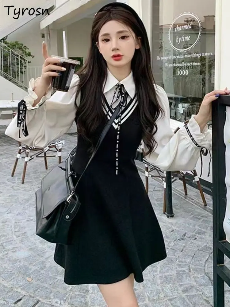 Fake Two Pieces Dresses Women Preppy Style Design Sweet Patchwork Daily 
