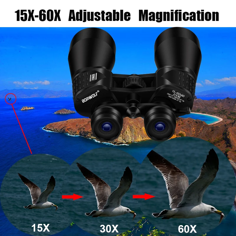 BORWOLF 15-450X60 Binoculars Telescope HD Light Night Vision Bak4 Prism Professional Zoom Powerful for Hunting Bird Watching 4