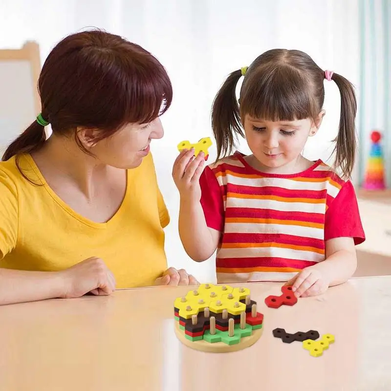 Hamburger Stacker Toy Wooden Educational Fine Motor Play Fake Food Toy Early Development Stacking Activity For Toddler
