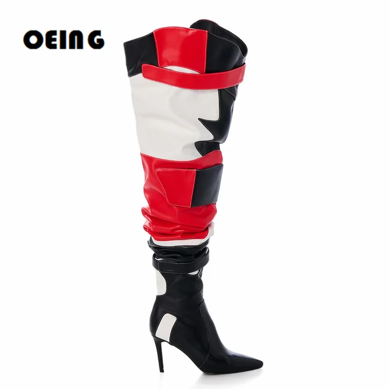 

Unisex Multi Thigh High Boots Female Pointy Toe Stiletto Heel Over The Knee Boots Color Block Side Zip Long Boots Botas De Mujer