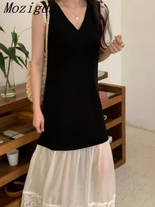 Summer V-neck Black Stitching Lace Long Dress Women Fashion Loose Casual Korea Chic Basic Sleeveless Ladies Dresses Vestidos