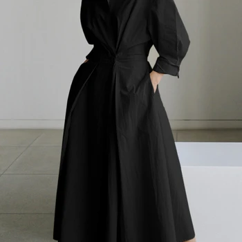 S-5XL 여성용 긴팔 셔츠 드레스, 시크한 턴다운 넥, 주름 잡힌 맥시 드레스, 한국 패션, 2022 가을 겨울 의류, 스트리트웨어