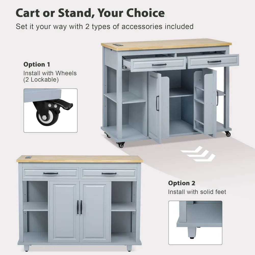 47 inch Kitchen Island with Extendable Dining Table, Internal Storage Rack, Power Outlet, Rolling Kitchen Cart on Wheels 4