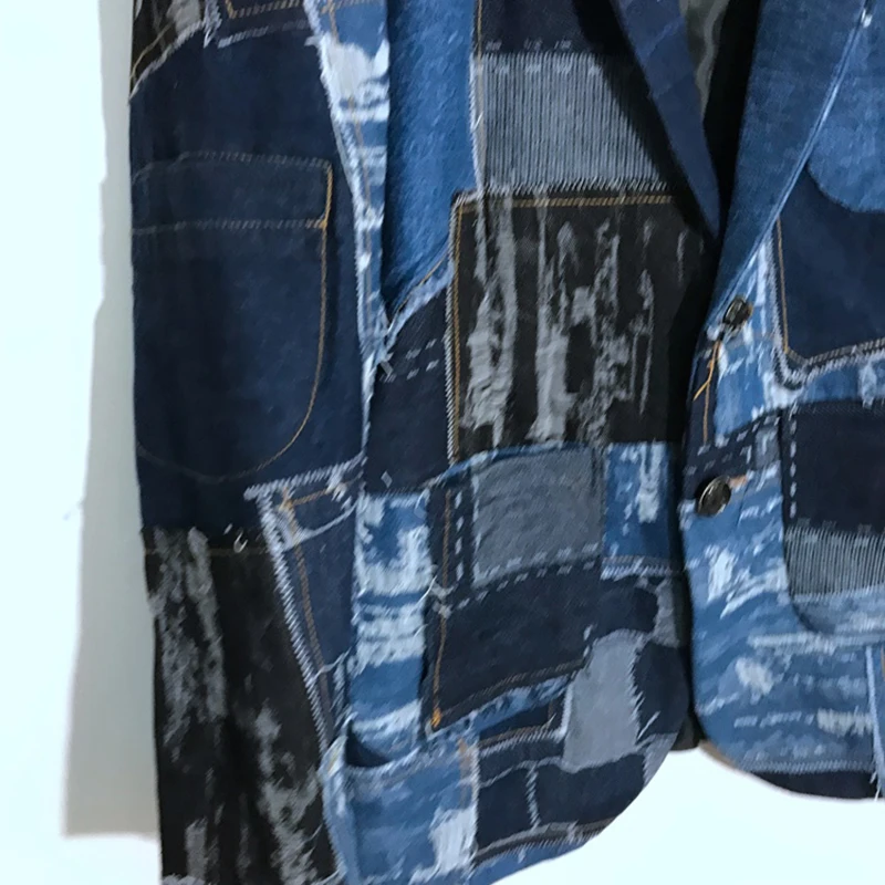 PFHQ Men's Hole Denim Patchwork Wearproof Blazers Tide Creativity Personality Worn Out Vintage Autumn Streetwear Jackets 21Z1387