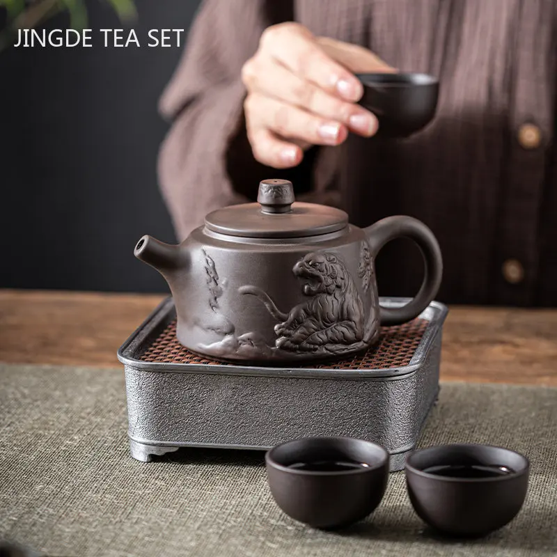 Chinese Yixing Purple Clay Teapot Hand Carving Dragon Pattern Beauty Tea Kettle Classic Ball Hole Filter Pot Zisha Tea Sets