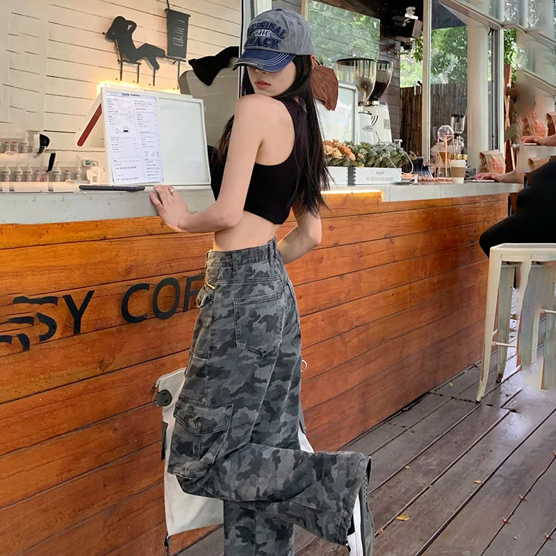 XS-XL Size Women's Hip Hop Camouflage Cargo Pants American Style Streetwear Causal Jans Loose Wide-Leg Pockets Military Trousers