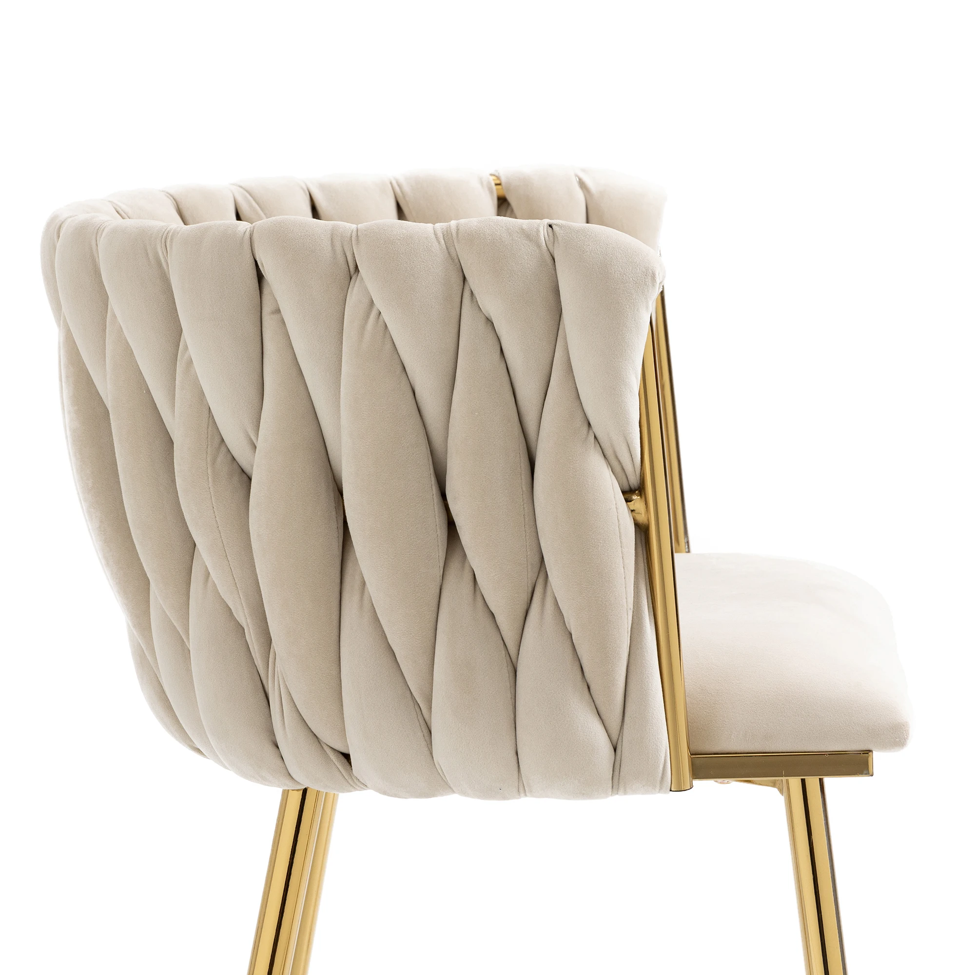 Modernes Luxus-Esszimmerstuhl-Set aus Samt mit goldenen Metallbeinen, elegantes handgewebtes Design und weichen Kissen für das Esszimmer – Detail 25