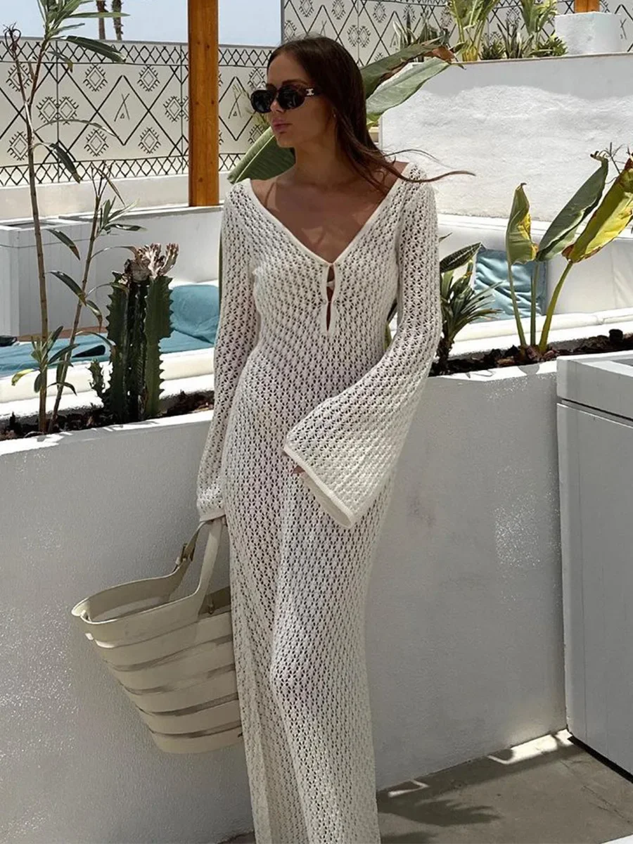 

Sexy Women White Long Knit Sleeve Bikin Fashion Cover Up Female See-Through Deep V-Neck Hollow-Out Beach Knitwear Backless Dress