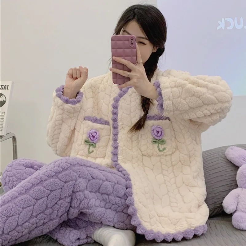 2023 New Pajama Women's Autumn and Winter Loungewear Coral Velvet Tulips Plush and Thick Sleepwear Flannel Winter Homewear Set