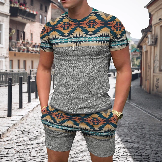 2 Piece Outfit Mens Trend Printed Shirt + Pants Set Casual Short