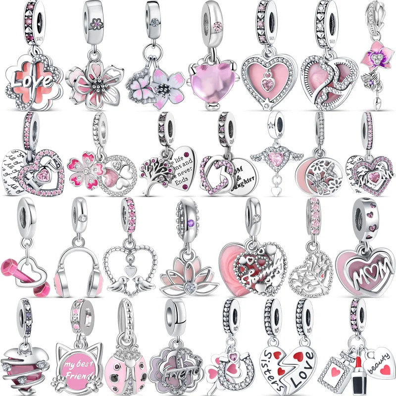 925 Solid Silver Pink Flower Butterfly Tree Infinite Heart Love Pendant Lucky Beads Fit Original Pandora Charms Bracciale Jewelry