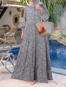 2025 ZANZEA Autumn Floral Printed Muslim Dress Abaya Stylish Women Long Sleeve Robe Maxi Long Vestidos Casual Loose Sundress