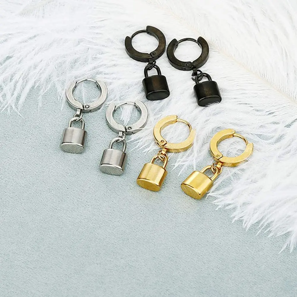 WKOUD Unisex Punk Hip Hop Stainless Steel Lock Thunder Lightning Black Bolt Dangle Huggie Hoop Earrings For Women Men Boy Teens - Image 6