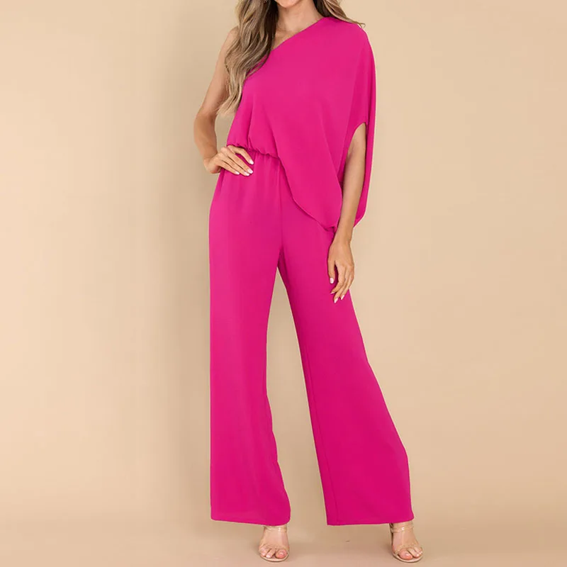 

LIYONG Women Jumpsuit Fashion Solid One Shoulder Dolman Sleeves Nipped Waist Casual Loose Wide Legs Pants Romper High Streetwear