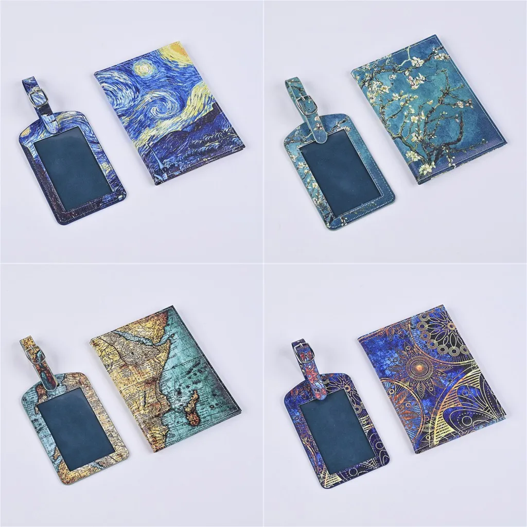 

2pc/set Printed PU Leather Passport Cover Luggage Tag Set Suitcase ID Addres Holder Baggage Boarding Tag Travel Accessorie