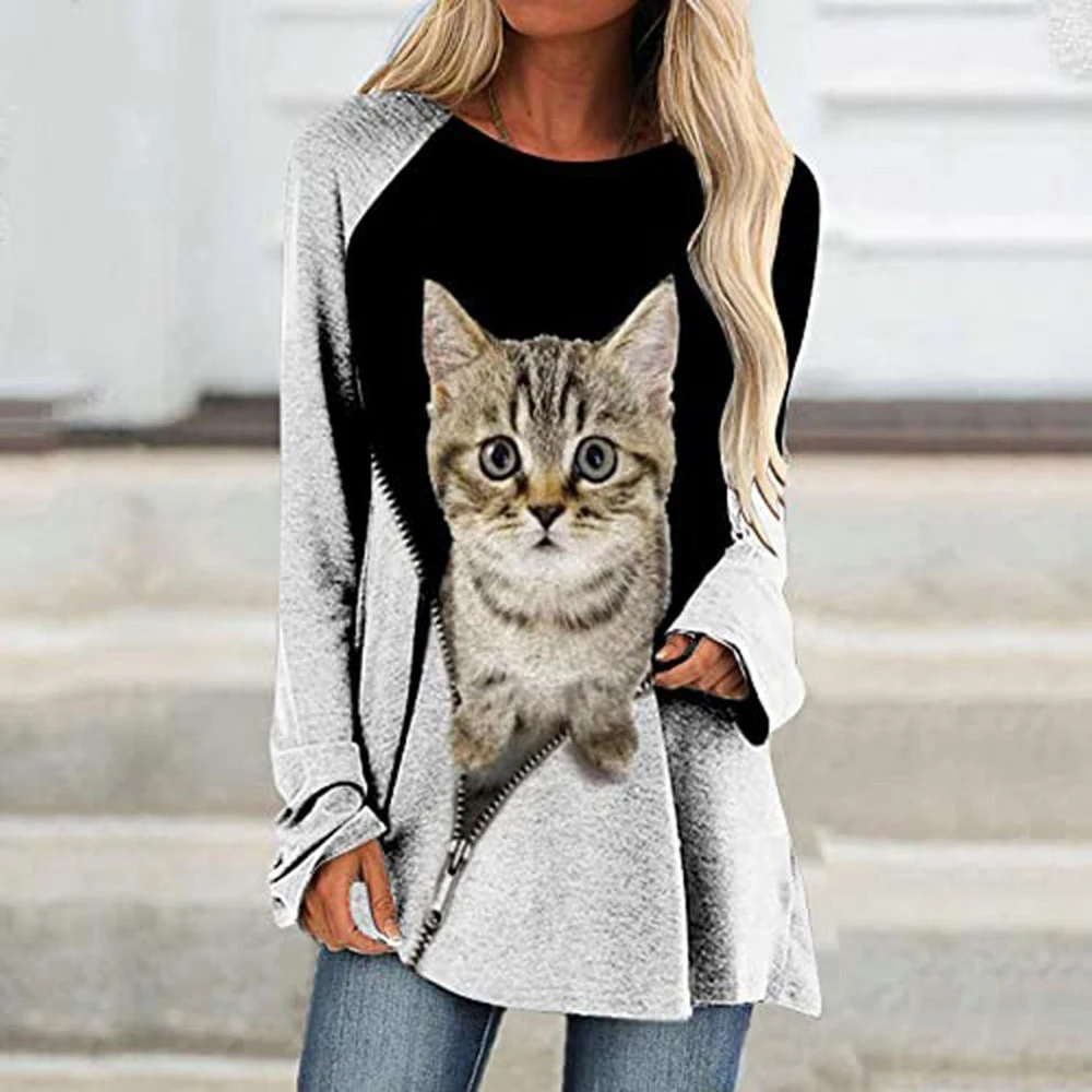 Maglietta Donna Con Stampa Gatto - Manica Lunga, Girocollo, Taglie Dalla S Alla XXXXL