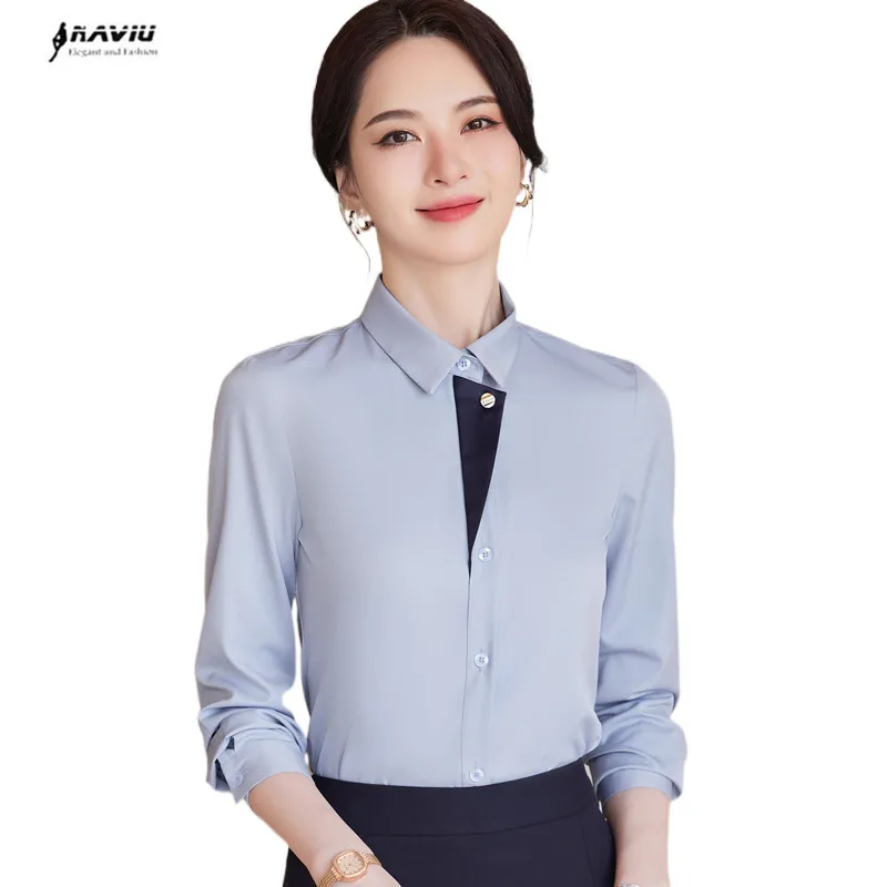 

NAVIU Blue Shirt Women Autumn New Temperament Professional Formal Long Sleeve Slim Blouses Office Ladies Wrok Tops White