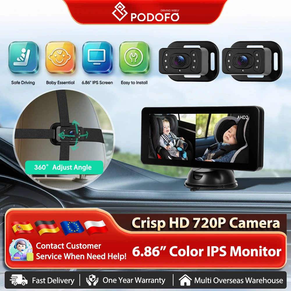 Podofo 6.86'' Baby Car Camera Touch Screen Car Baby Monitor with Night Vision Rear View Adjustable View Angle Safety for Kids
