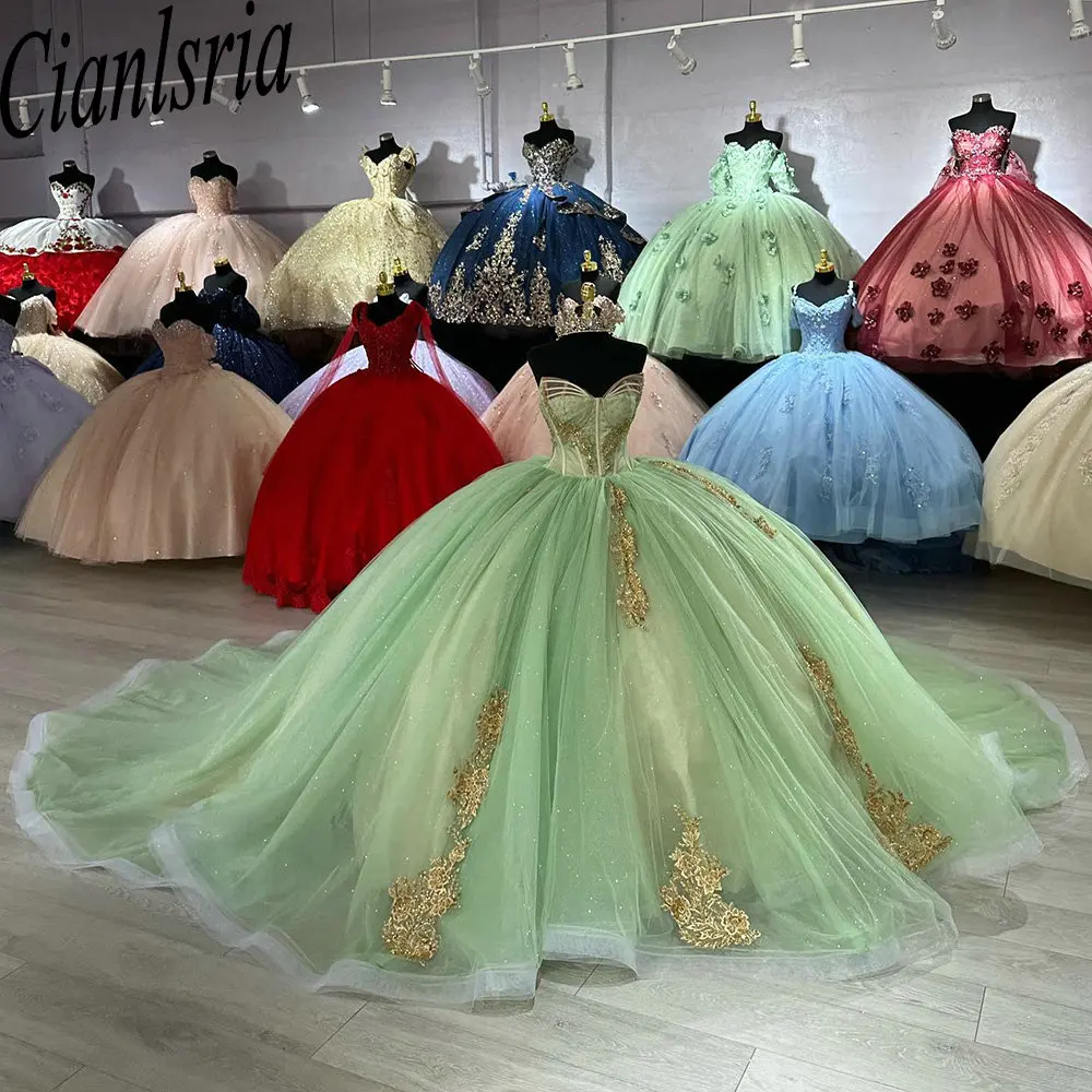 

Sage Green Strapless Princess Quinceanera Dresses Ball Gown Gold Appliques Lace Beading Corset Vestidos De 15 Años