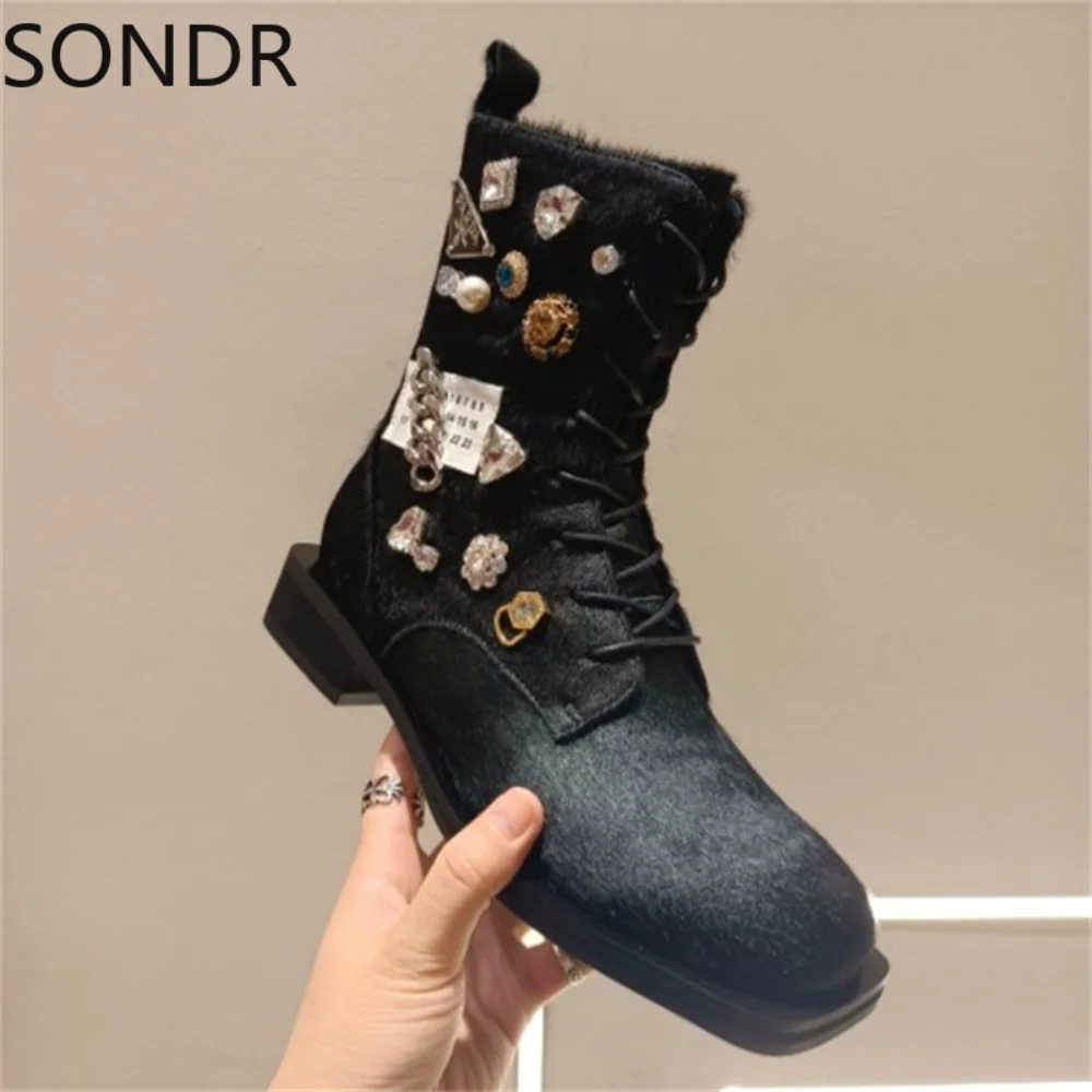 

Womens Real Horse Fur Furry Rivet Metal Chain Ankle Boots Chunky Heel Lace Up Retro Shoes Warm Winter British Styles