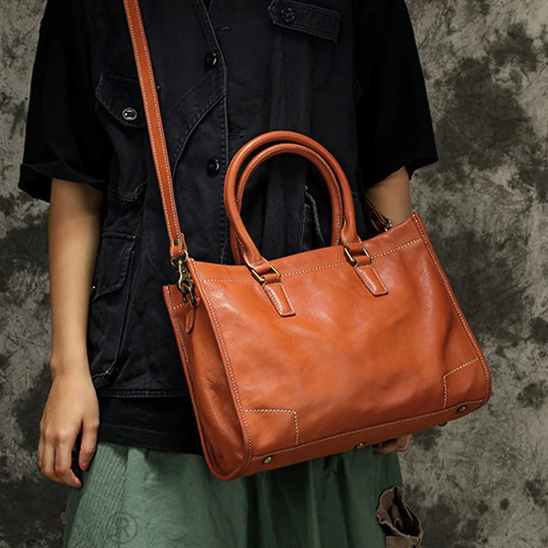

AETOO Large cowhand handbag vegetable tanned leather bag vintage tree cream leather soft fashionable mummy bag