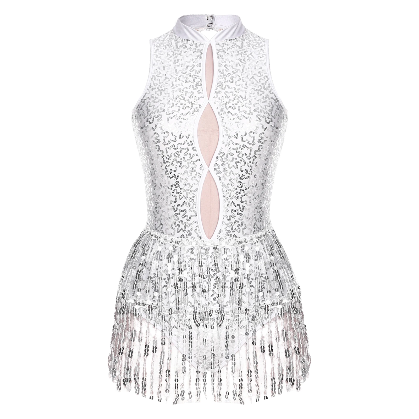 Womens Latin Dancewear Glitter Sequins Tassel Leotard Keyhole Sleeveless Backless Fringed Bodysuit Dance Performance Costume